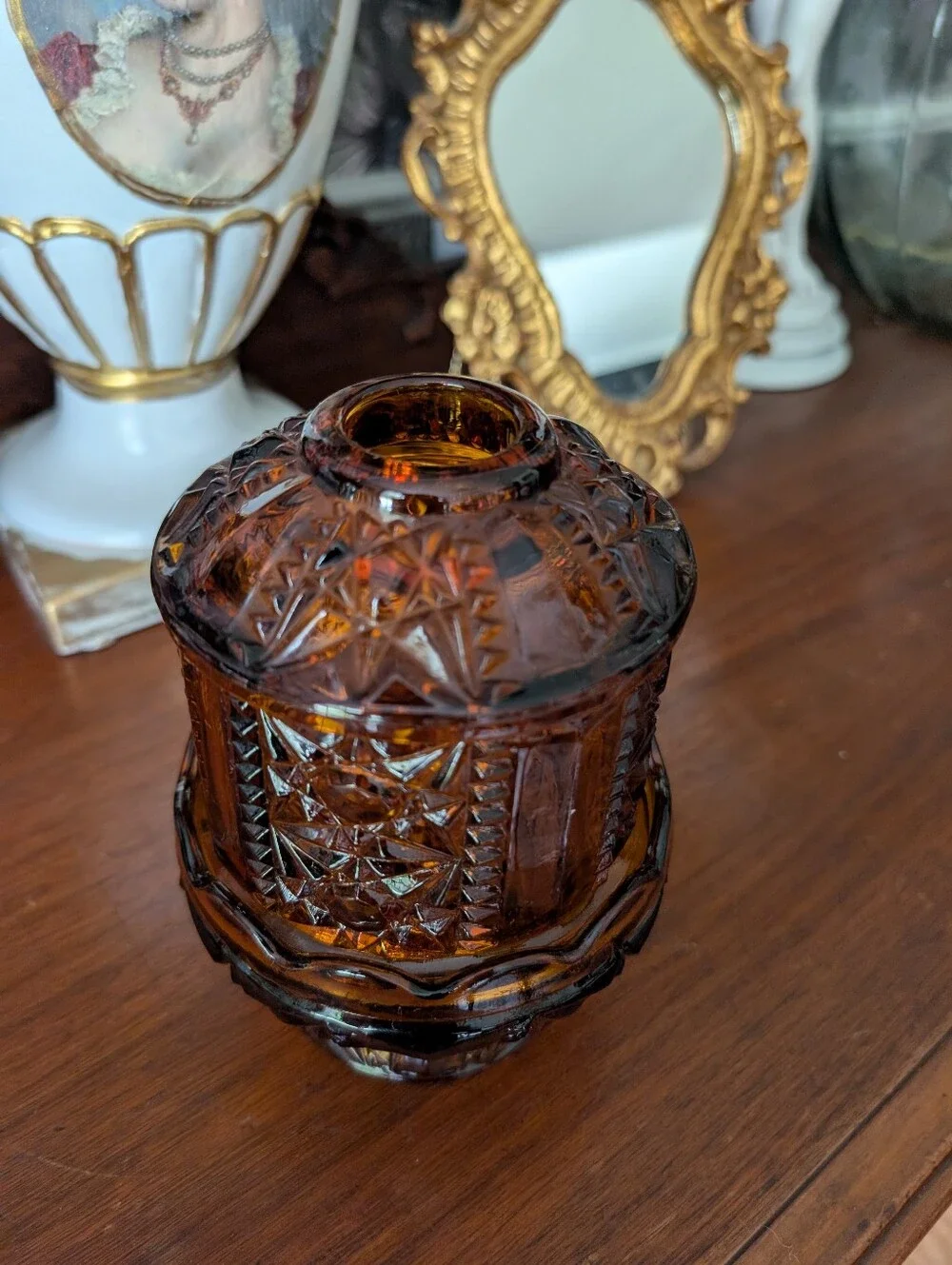 Vintage Indiana Glass Dark Amber Fairy Lamp, Stars and Bars, READ